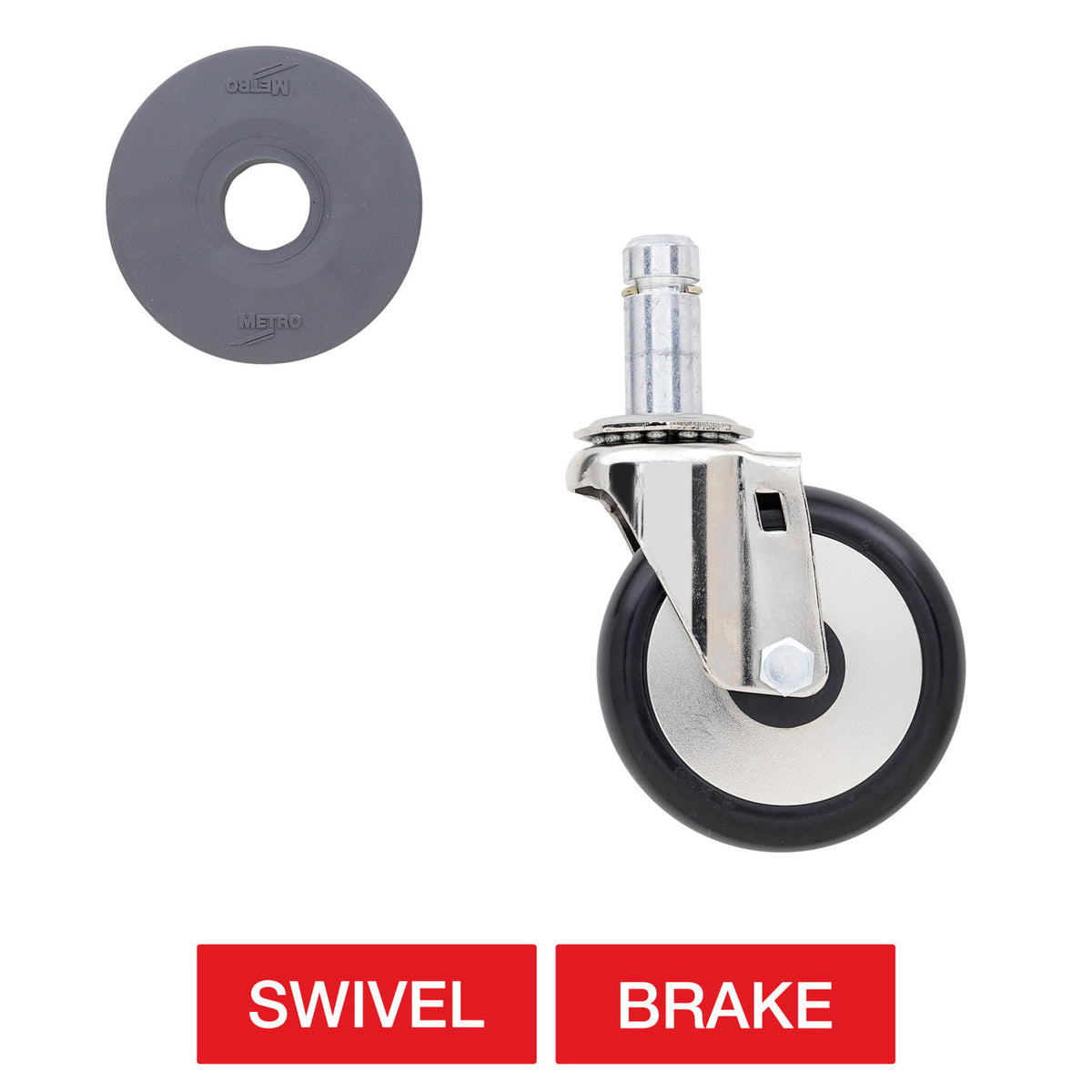 Metro 4" and 5" Plated Stem Casters with Resilient Rubber Donut Wheel Treads for Super Erecta Industrial Wire Shelving Racks