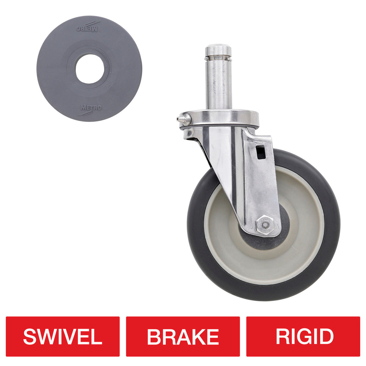 Metro 5" Cart-Washable Stem Casters with Polyurethane Wheel Treads for Super Erecta Industrial Wire Shelving Racks