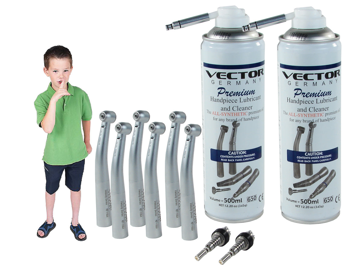 6 pack – non-optic pack without couplers Includes: 6 Vx or F series non-optic high-speed handpieces, and 2 cans VL-S lubricant
