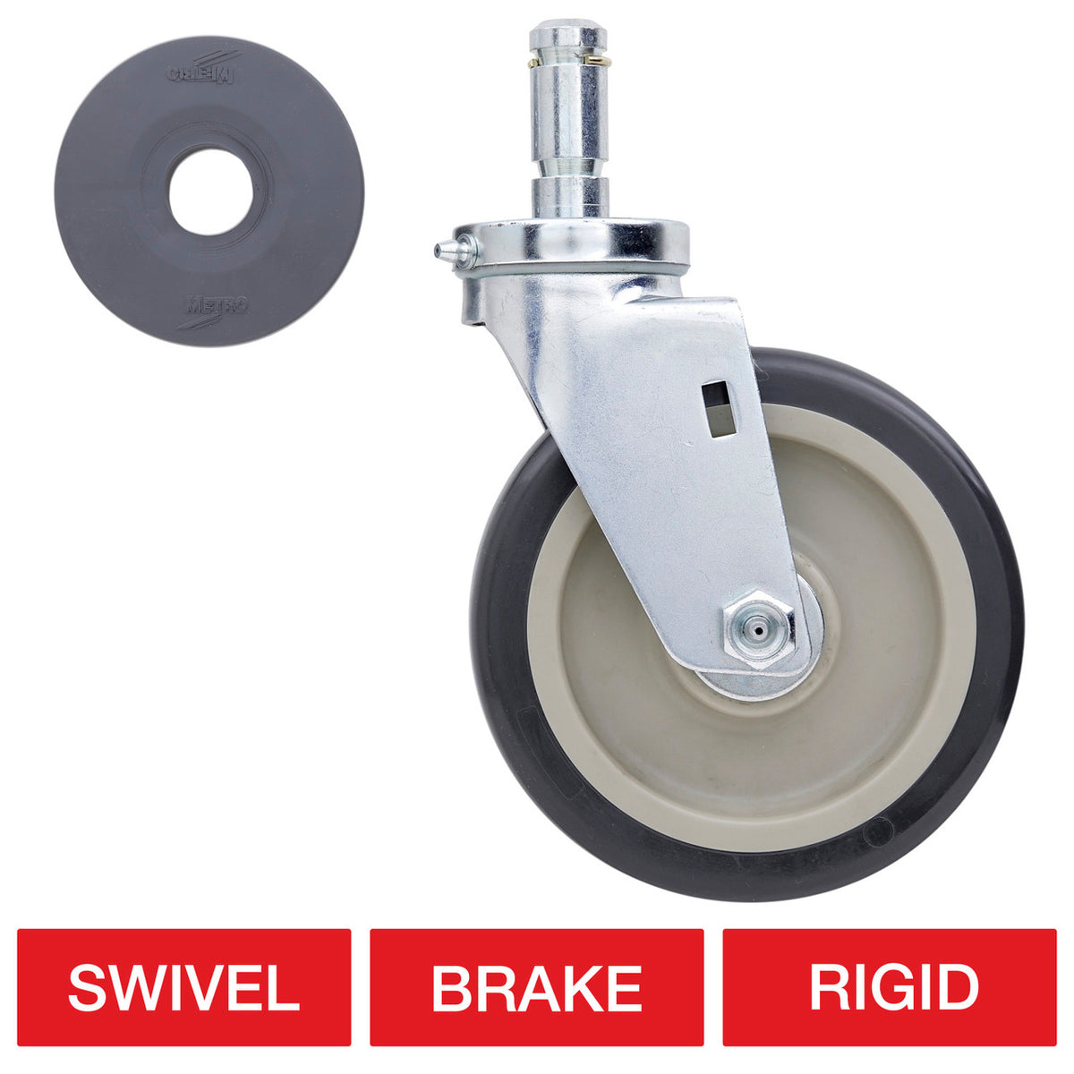 Metro 6" Plated Stem Casters with Polyurethane Wheel Treads for Super Erecta Industrial Wire Shelving Racks