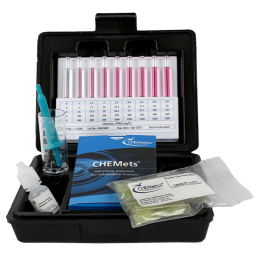مجموعة أدوات اختبار CHEMets® من CHEMetrics® الكلور عالي المدى (0-500 جزء في المليون)