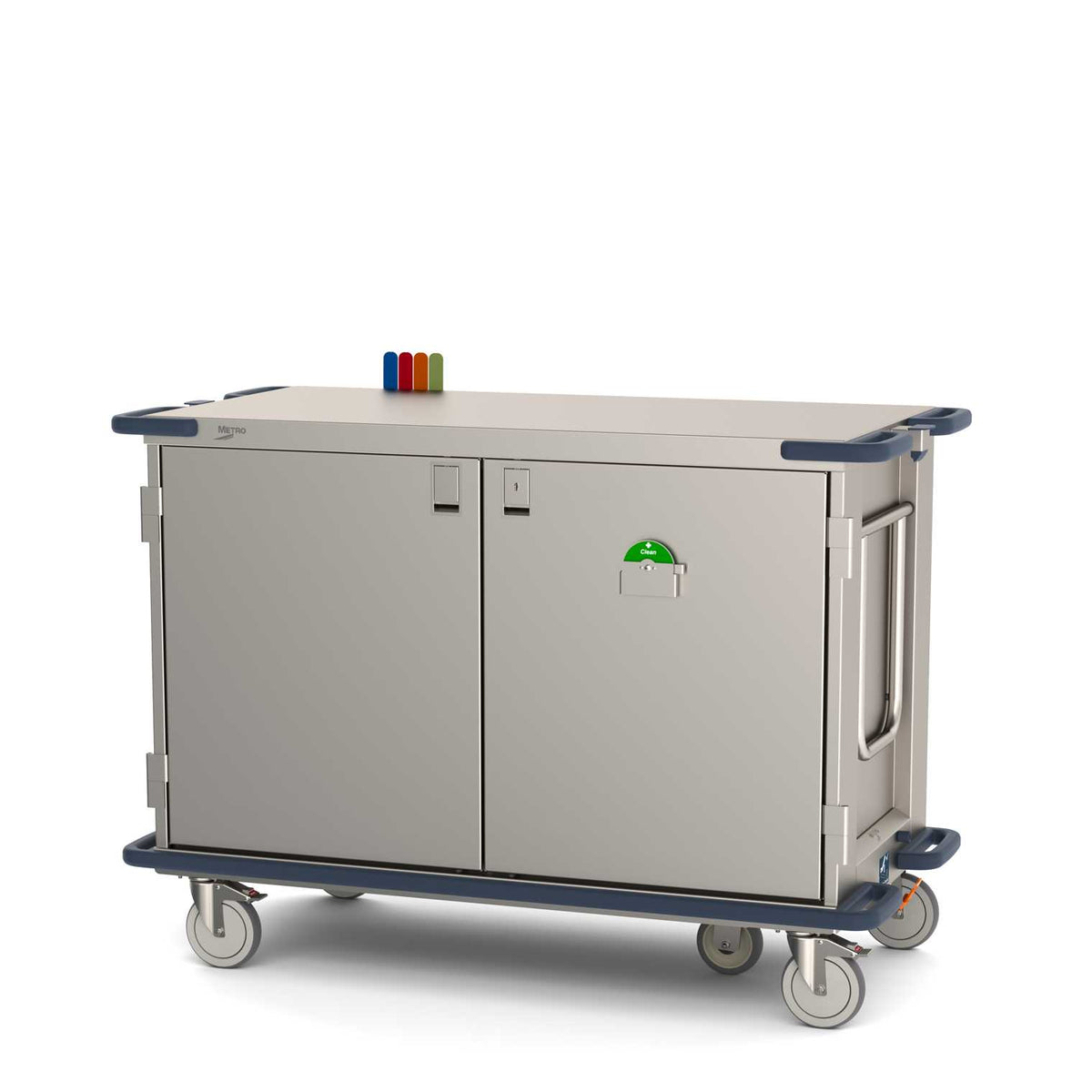 عربة Metro CaseVue CV48LS-5BFH-W1 الجراحية ذات الأبواب الصلبة، وتوجيه العجلة الخامسة، وأعلام الألوان، ومقبض متأرجح، ورف سلكي قابل للسحب، بعرض 57.5 بوصة × عمق 28 بوصة × ارتفاع 40.625 بوصة
