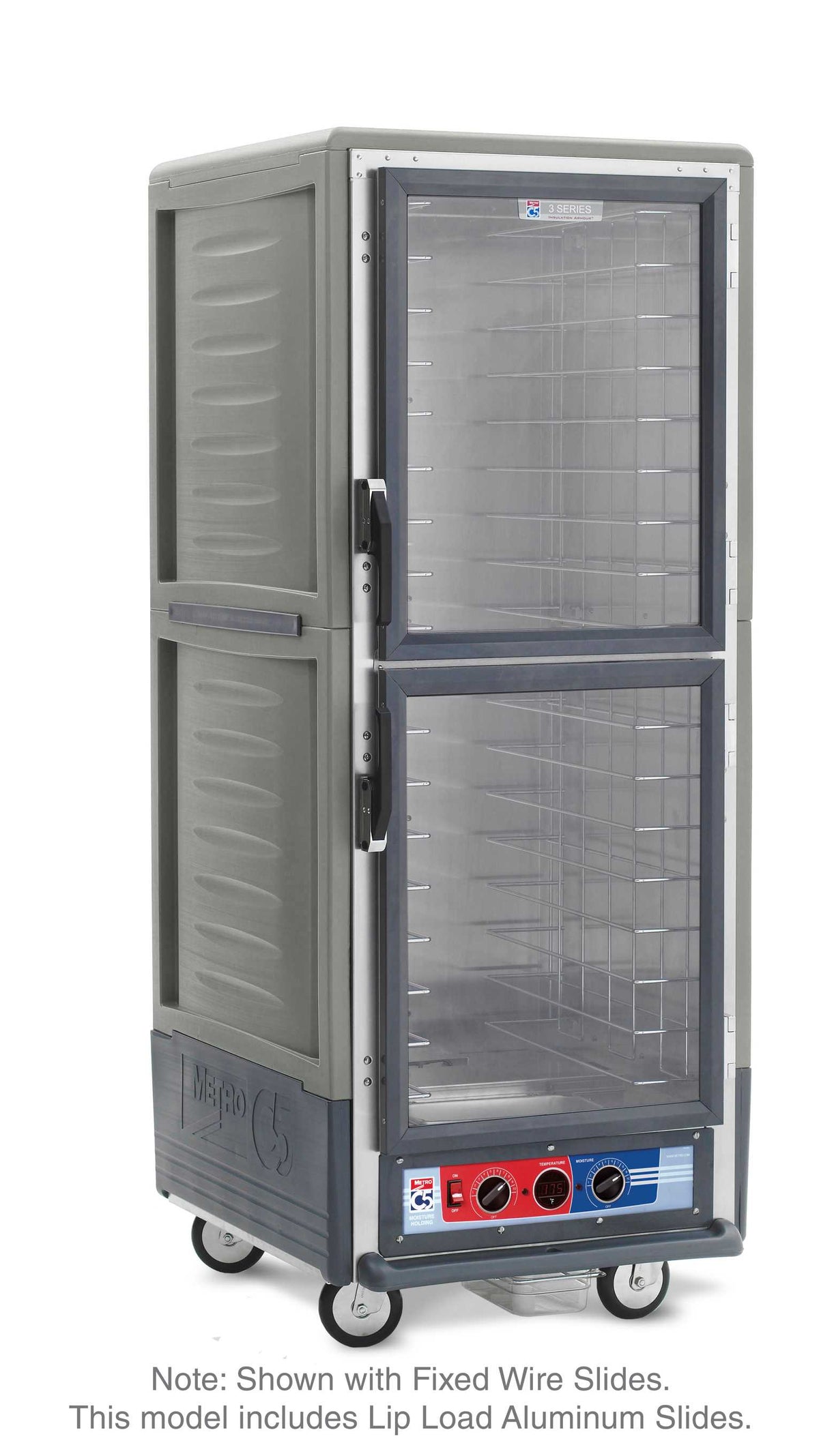 Metro C539-MXDC-L-GY C5 3 Series Insulated Moisture Heated Holding/Proofing Cabinet, Full Height, Dutch Clear Doors, Lip Load Aluminum Slides, 220-240V, 50/60Hz, 1681-2000W, Gray