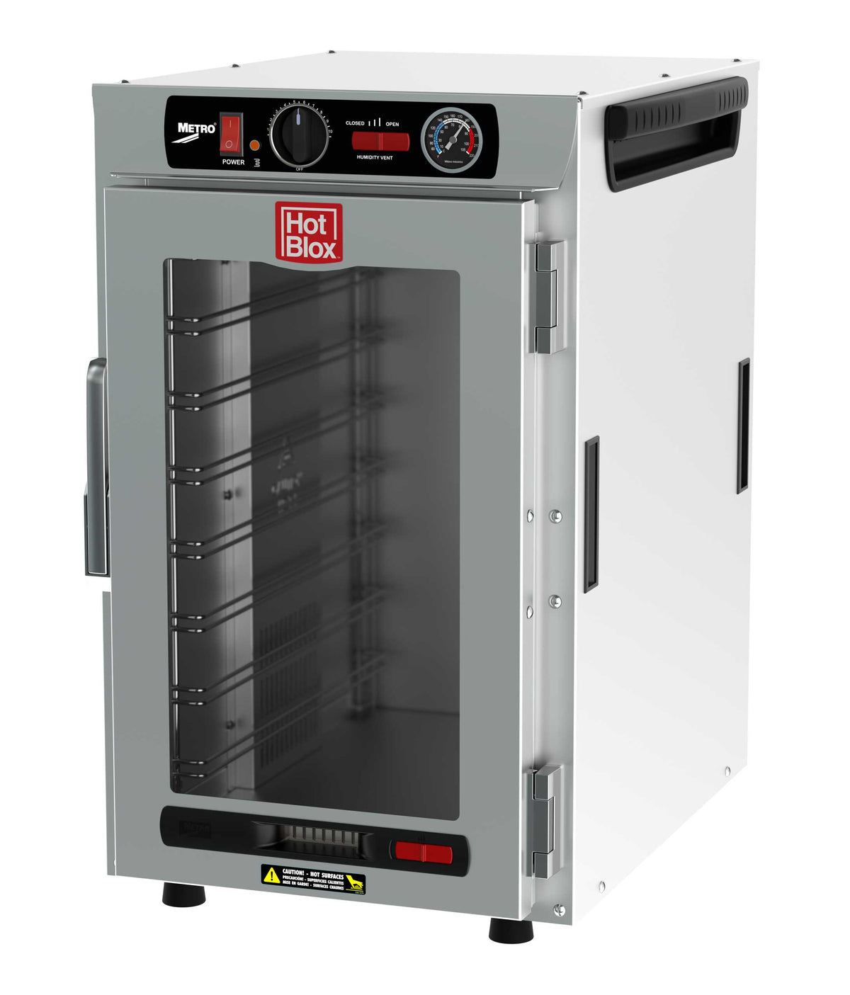 خزانة تخزين معزولة ضيقة من طراز Metro HBCN8-AC-CT HotBlox مكونة من 8 أحواض مع باب شفاف، ووحدة تحكم تناظرية، و120 فولت، و60 هرتز، و875 وات، ومعيار NEMA 5-15P