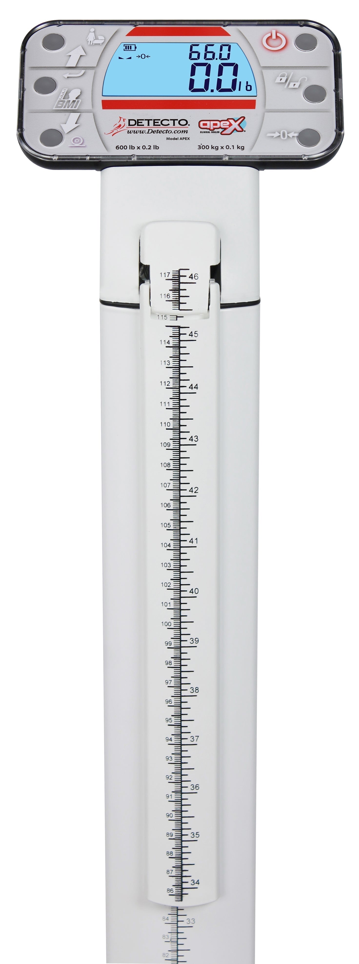 Detecto Apex-UWA-AC Digital Clinical Scale with Mechanical Height Rod 600 lb x 0.2 lb / 300 kg x 0.1 kg, Welch Allyn CVSM/CSM Connectivity, AC Adapter