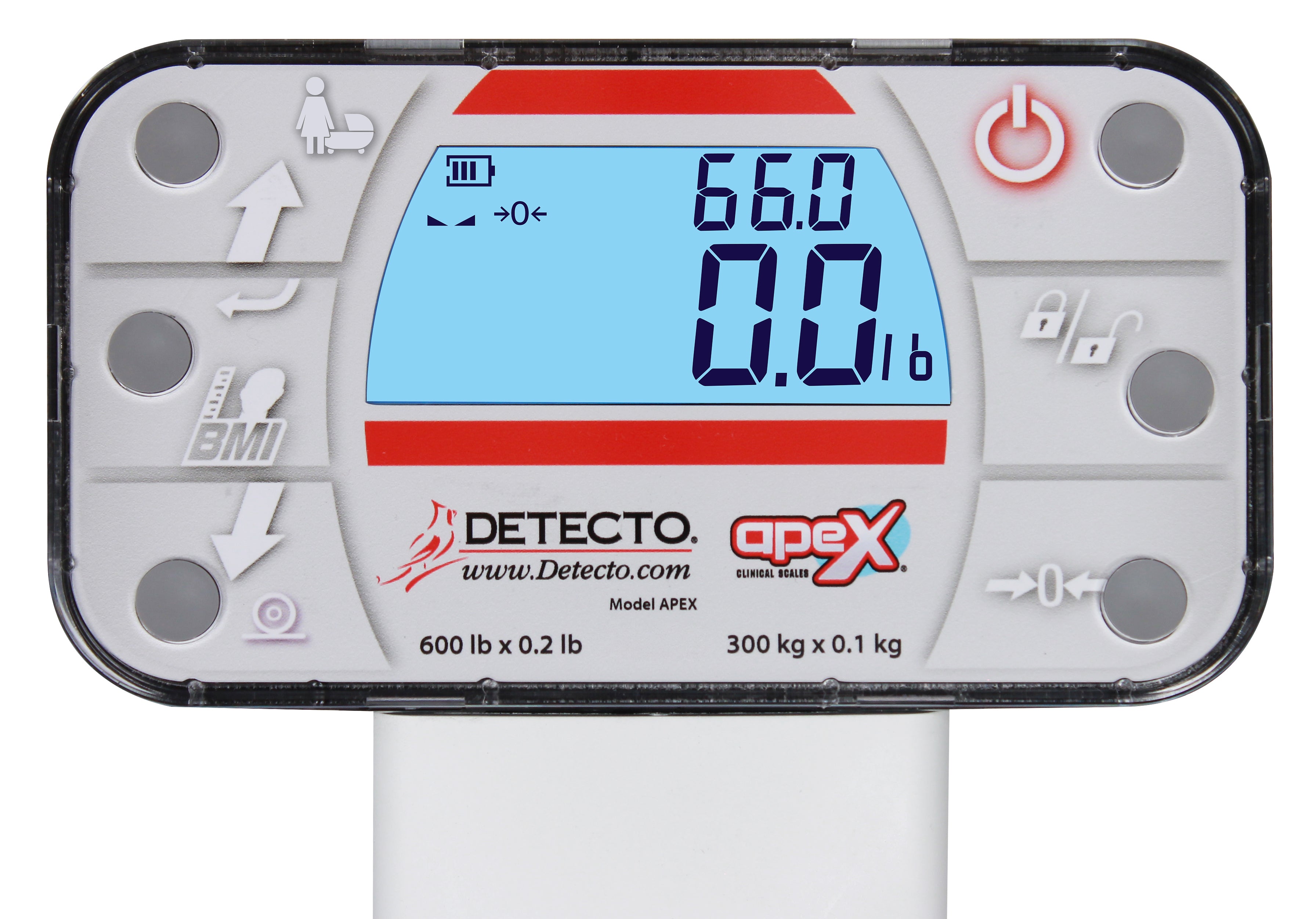 Detecto Apex Digital Clinical Scale with Mechanical Height Rod 600 lb x 0.2 lb / 300 kg x 0.1 kg