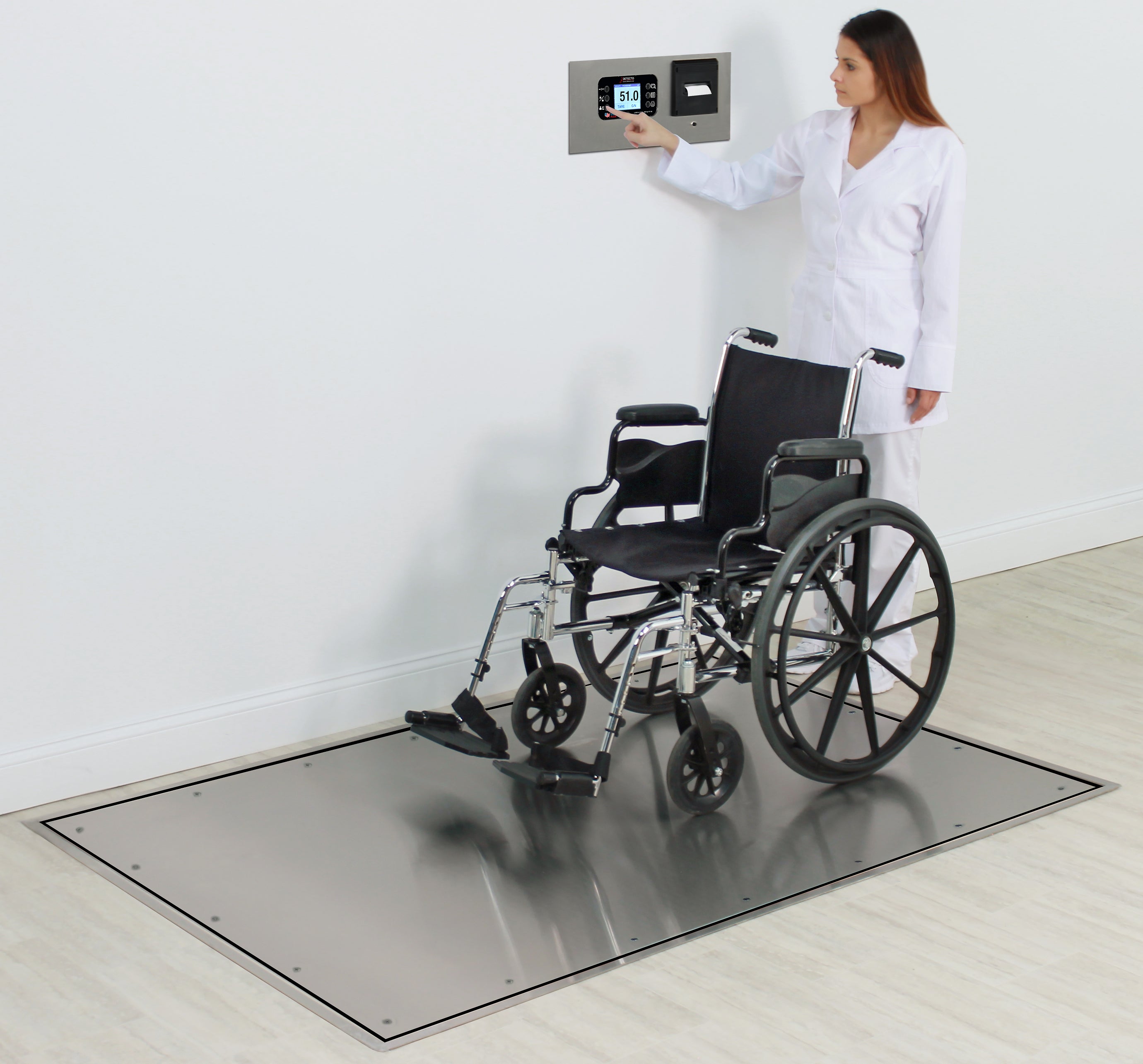 Detecto ID-4836SH-855RMP In-Floor Dialysis Scale, Hand Rail, 48"x36" SS Deck, 855 Recessed Wall-Mount Indicator w/ Printer