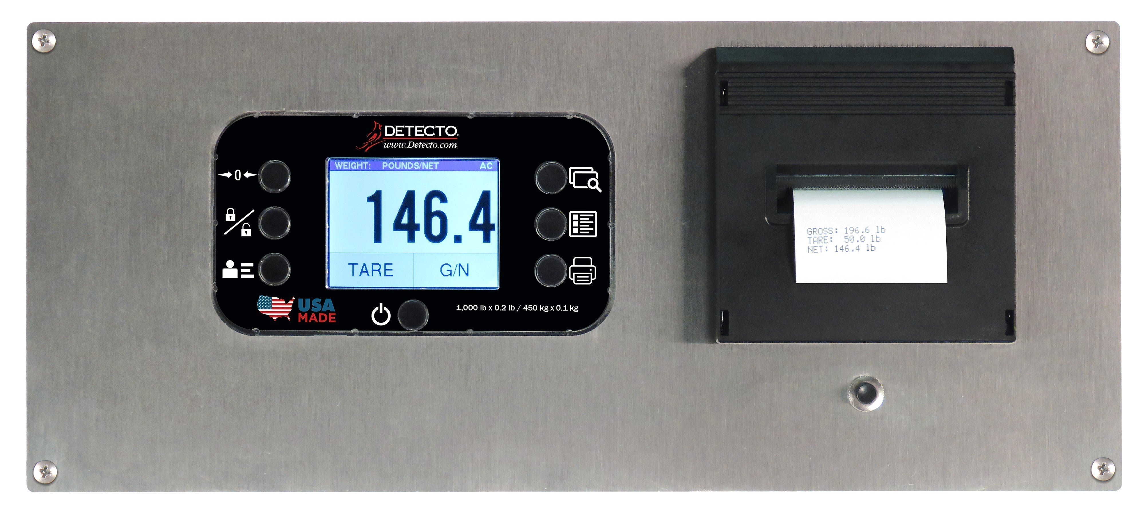 ميزان غسيل الكلى الأرضي ID-7248S-855RMP من Detecto، سطح من الفولاذ المقاوم للصدأ مقاس 72 بوصة × 48 بوصة، مؤشر مثبت على الحائط 855 مع طابعة