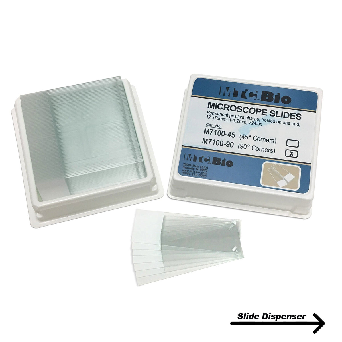 MTC Bio M7100-45, Microscope Slides, Positive Charged, 45Â° Corners, Frosted On One End, 25 x 75mm, 72/pk