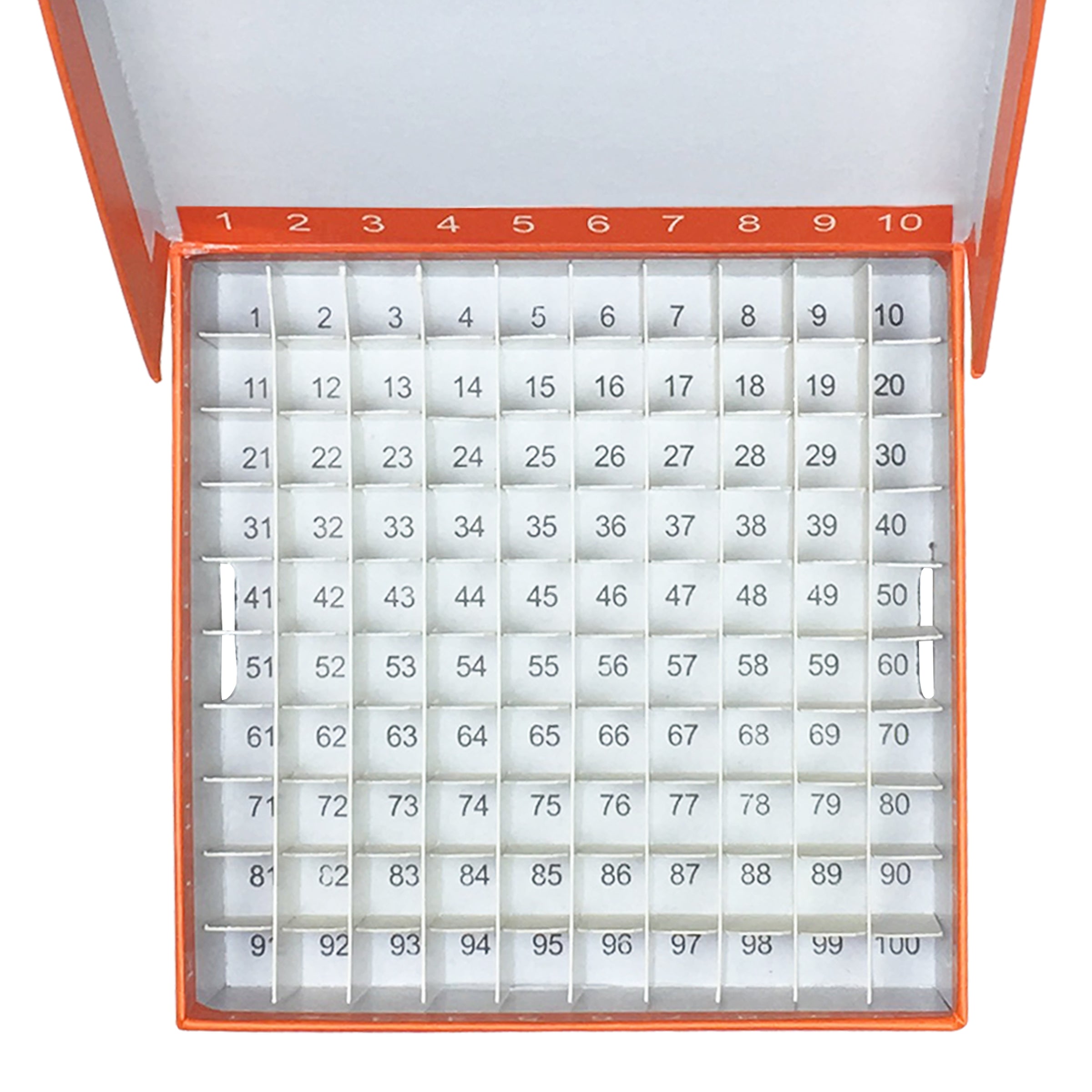 MTC Bio R2700-O, Fliptop Carboard Freezer Box with Attached Hinged Lid, 100-Place, Orange, 5/pk