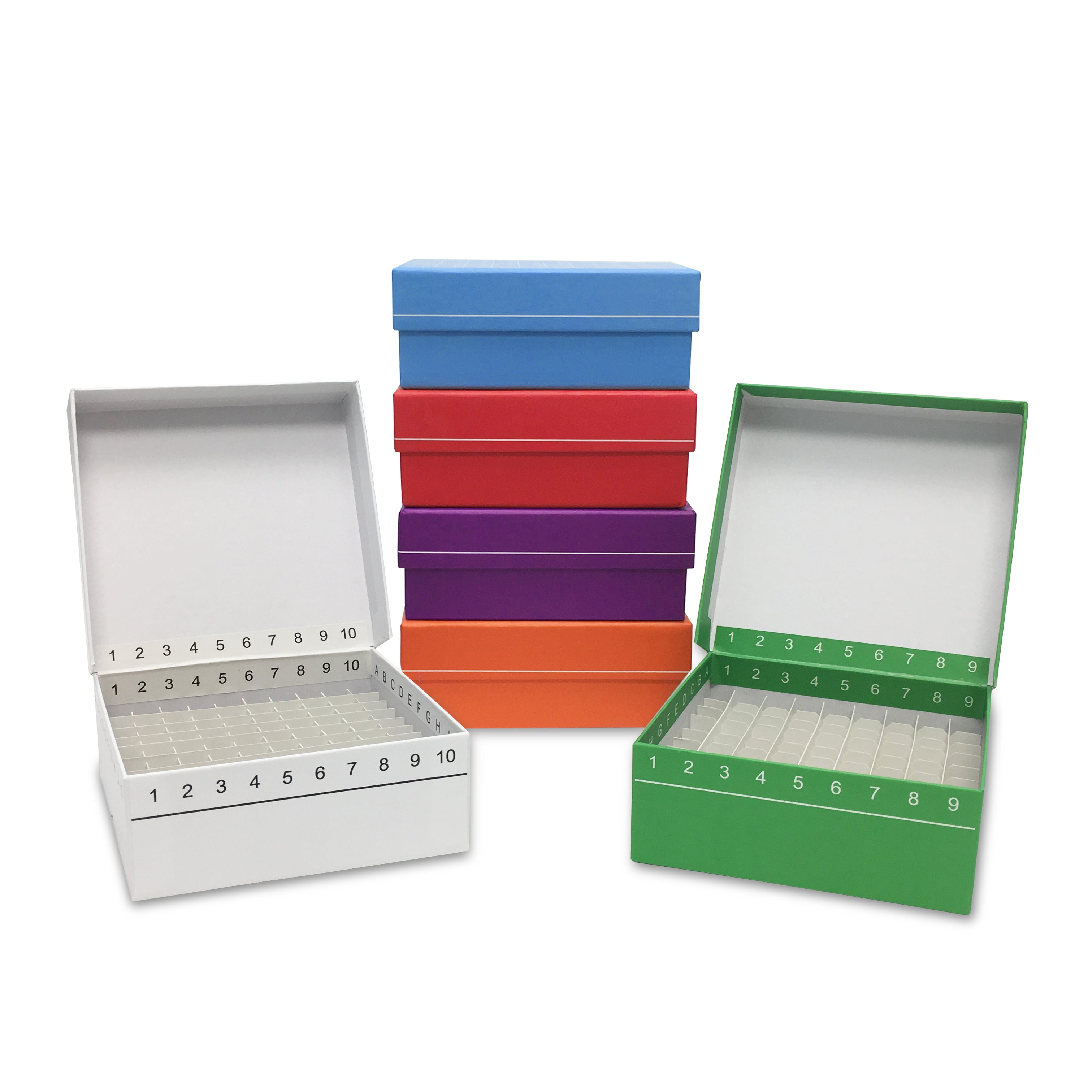 MTC Bio R2700-O, Fliptop Carboard Freezer Box with Attached Hinged Lid, 100-Place, Orange, 5/pk