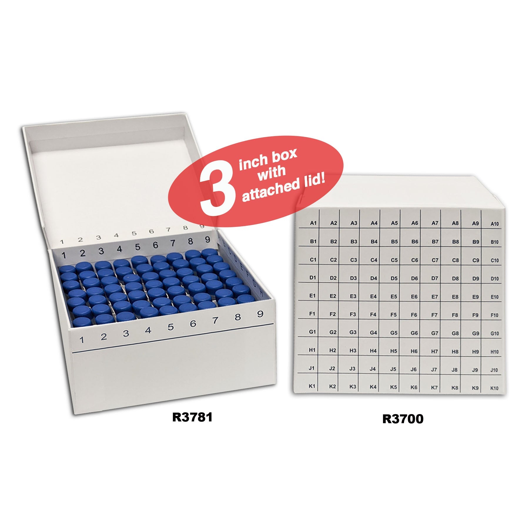 MTC Bio R3781، صندوق تجميد من الورق المقوى قابل للطي مع غطاء مفصلي متصل، 81 مكانًا، أبيض، 50/Cs