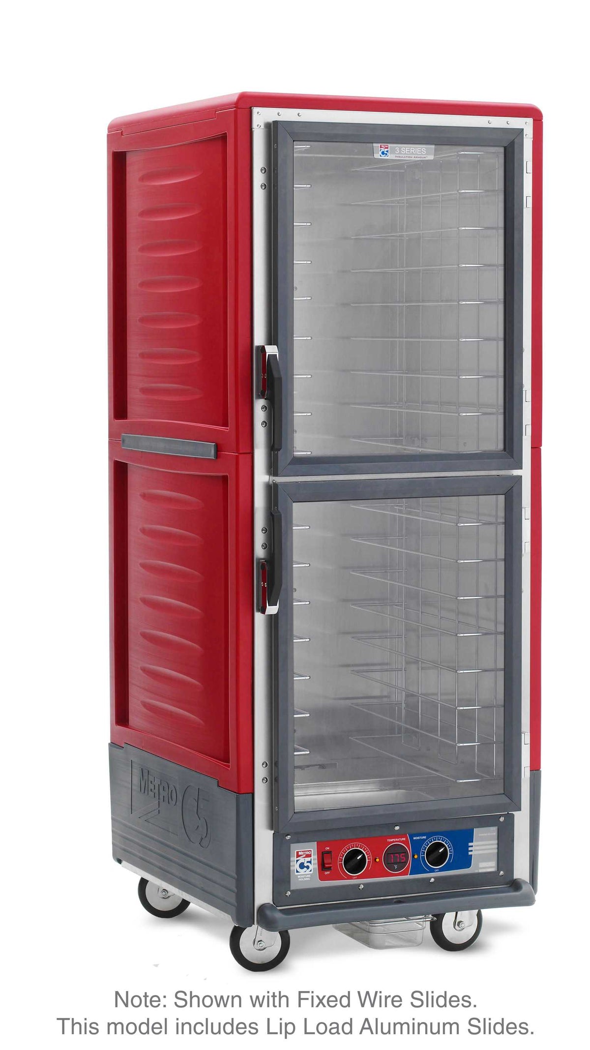 Metro C539-MXDC-LA C5 3 Series Insulated Moisture Heated Holding/Proofing Cabinet, Full Height, Dutch Clear Doors, Lip Load Aluminum Slides, 220-240V, 50/60Hz, 1681-2000W, Red